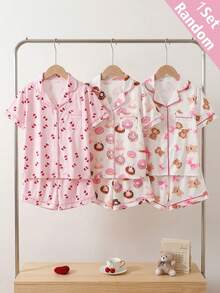 2 Pieces Tween Girl Pink Summer Home Wear Featuring Cute Sweet Heart Print. Stylish Lapel Collar Short Sleeve Top And Matching Shorts Sleep Set - Pink - View 1