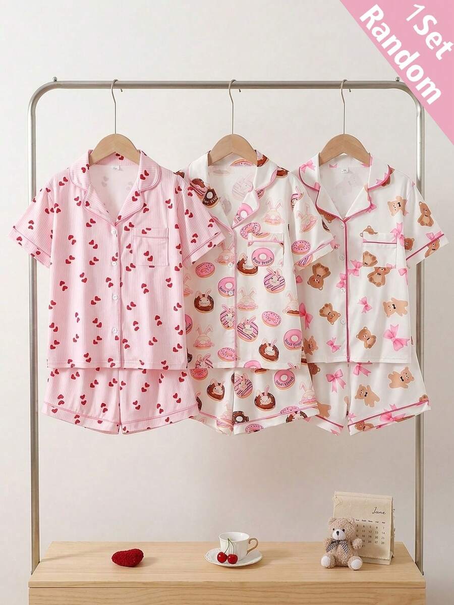 2 Pieces Tween Girl Pink Summer Home Wear Featuring Cute Sweet Heart Print. Stylish Lapel Collar Short Sleeve Top And Matching Shorts Sleep Set - Pink - View 1