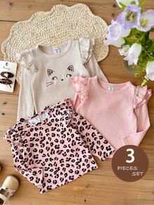 SHEIN LMoss Kids Conjunto de 3 piezas para bebé niña, top casual de punto de color liso con estampado de leopardo y patrón lindo, cuello redondo y bajo con volantes, estilo grueso, adecuado para otoño/invierno - Multicolor - View 8