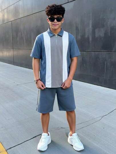 SHEIN Camicia polo blu con colletto, stile patchwork, casual e confortevole, adatta per ragazzi adolescenti. Versatile, adatta per feste di compleanno, serate, eventi, matrimoni, battesimi, cerimonie di apertura. Adatta per uso quotidiano, a scuola, per viaggi, sport, primavera ed estate