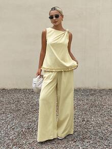 Conjunto de 2 piezas de top con detalle anudado y volantes y pantalones para mujer, estilo minimalista de verano - Amarillo - Ver 3