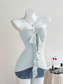Elamini Summer Casual Solid Color Ruffle Bandeau Top - Baby Blue - View 5