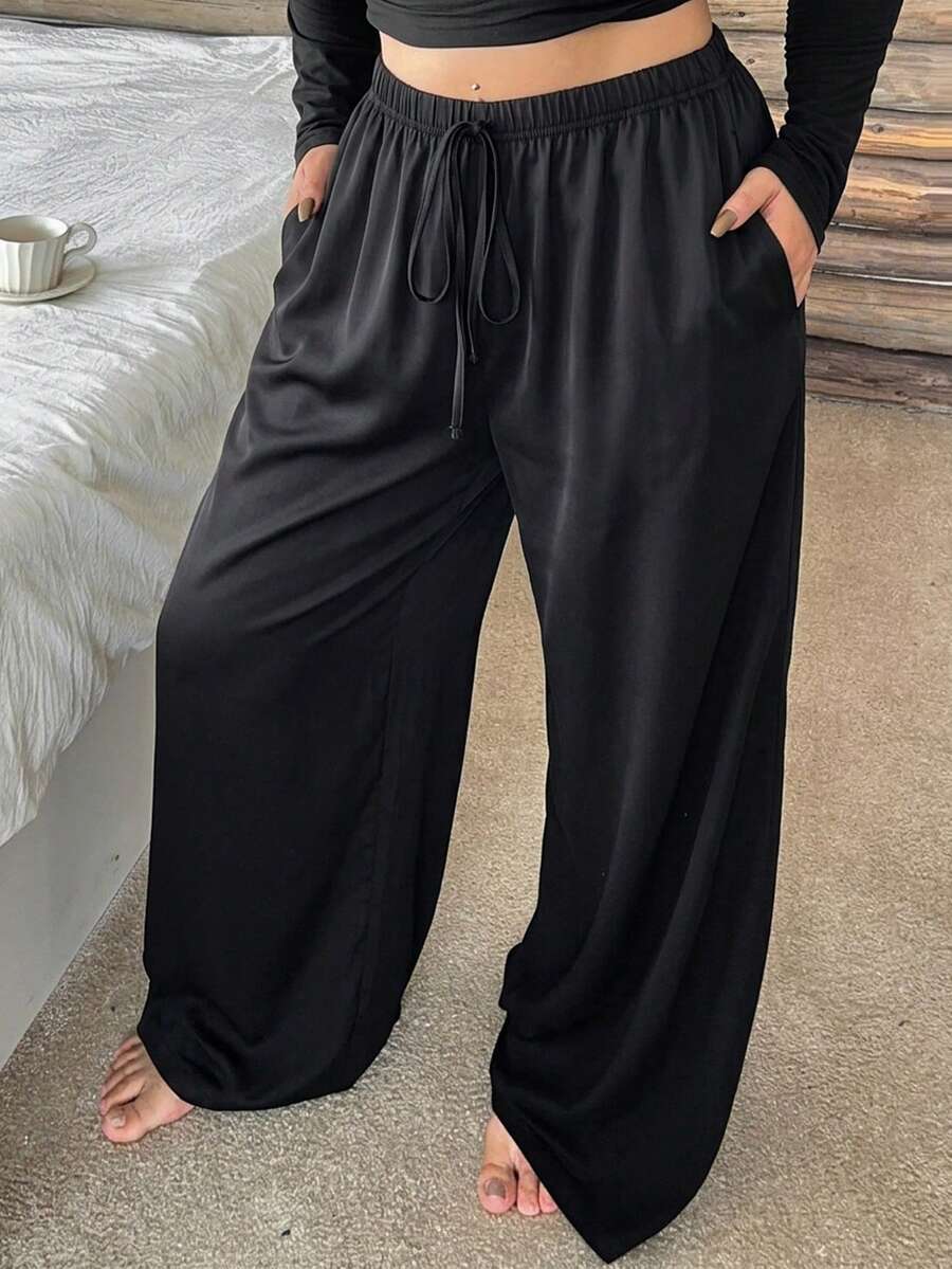 Dazy Plus Elastic Waist Loose Drawstring Straight Leg Sleepwear Bottoms, Plus Size Women Solid Color Pajamas - Black - View 1