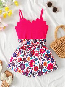 SHEIN Young Girl Casual Daily Red Patchwork Colorful Print Jumpsuit - Hot Pink - View 6