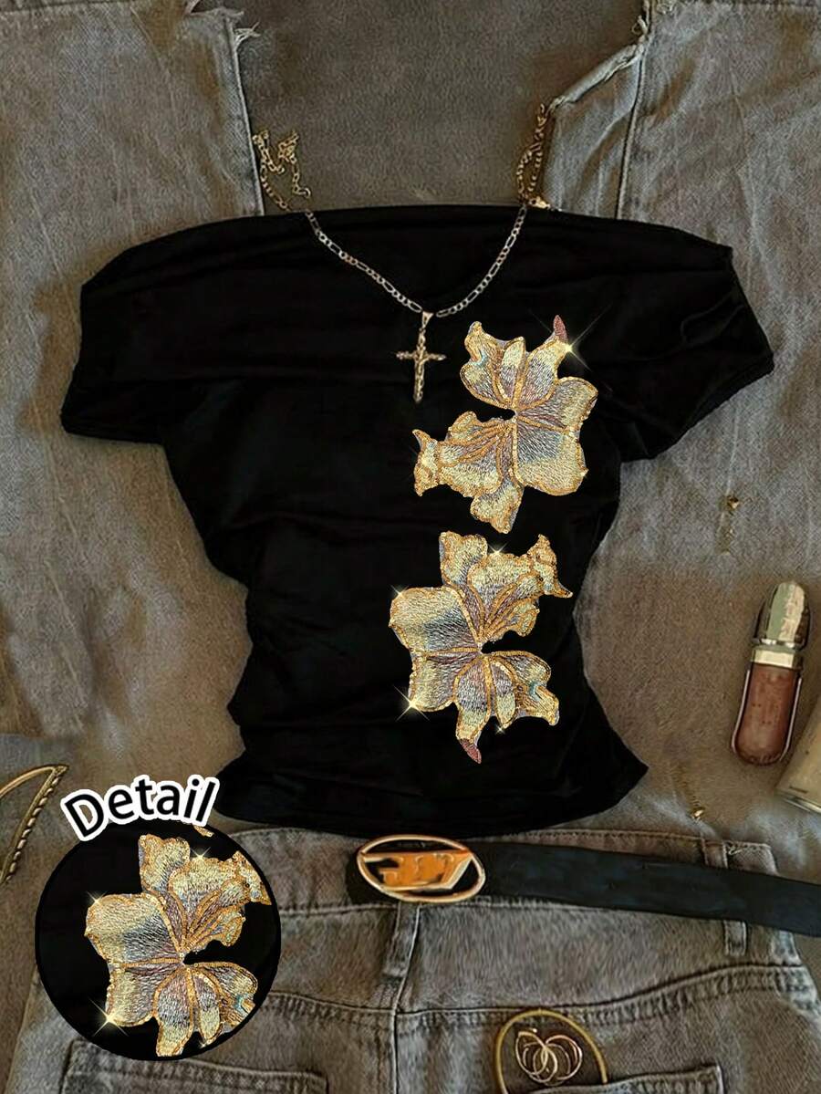 Attitoon 34%棉女士休闲腰部褶皱露肩修身短袖T恤,花卉刺绣,适合夏季穿着,复古风格 - 黑色 - 查看 1