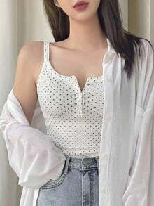 DAZY 女款波點印花鈕扣半開襟休閒背心上衣 夏季 - 杏色 - 查看 6