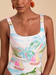 Travachic 1pc Women Abstract Line Star Allover Print Square Neck One-Piece Swimsuit,White,Summer,Tropical,Holiday,Party,Vacation,Holiday Bathing Suits For Woman - Multicolor - View 6