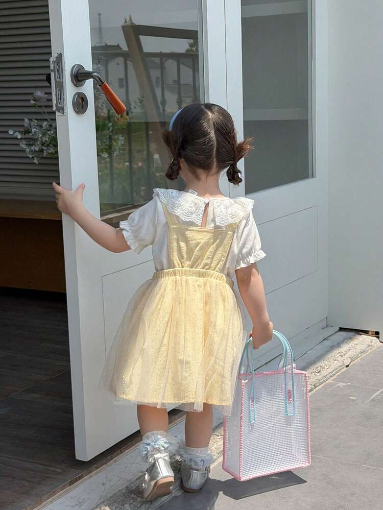 Infant/Toddler Girls' Ruffle Lace Short Sleeve T-Shirt And Fresh Floral Embroidered Suspender Dress 2-Piece Set