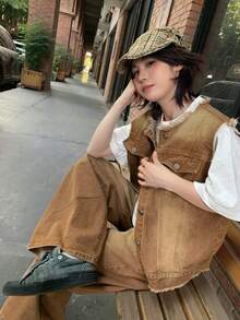 DAZY Bộ đồ hai mảnh gồm áo gile denim bạc màu kiểu Hàn Quốc dành cho nữ và quần jeans ống rộng thoải mái. - Màu xanh lam - Xem 6