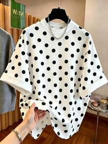 EMERY ROSE Plus Size Women's Summer Casual Vacation Style Polka Dot Print Loose Drop Shoulder Plus Size T-Shirt - White - View 1