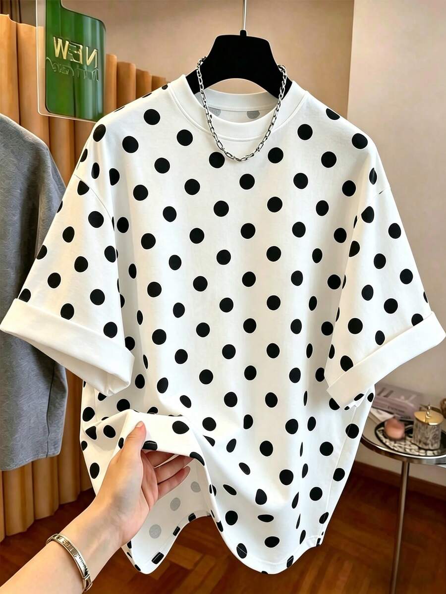 EMERY ROSE Plus Size Women's Summer Casual Vacation Style Polka Dot Print Loose Drop Shoulder Plus Size T-Shirt - White - View 1