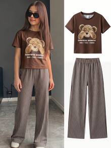 SHEIN 两件套女童针织纯色圆领小熊图案休闲T恤和条纹裤套装 - 彩色 - 查看 11