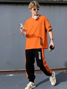 SHEIN 2pcs Teen Boys' Orange Summer Streetwear Beach Knit Suit Set,Casual Comfortable Printed Round Neck Short Sleeve T-Shirt And Straight Leg Pants - Orange - View 7