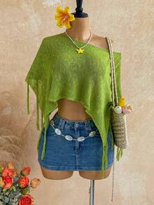 Soleia Lime Green Summer Boho Breezy European Jamican Tropical Sexy Vacation 2-In-1 Off Shoulder Fringe Knit Sweater Top Beach Music Festival - Green - View 9