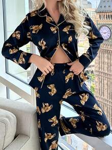 Cartoon Print Contrast Binding PJ Set / Pajama Set, Fall Clothes Cozy And Elegant Details, Winter - Black - View 3