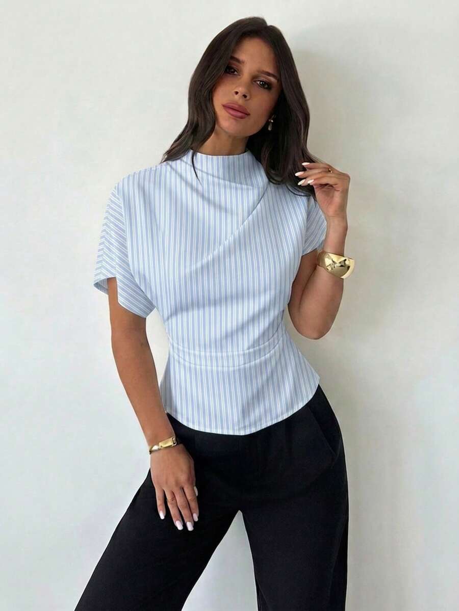 Firerie Wrinkled Collar Asymmetrical Sleeve Side Ruched Cinched Waist Commuter Apricot Bamboo Fiber Linen Blouse For Women, All Season - White - View 1