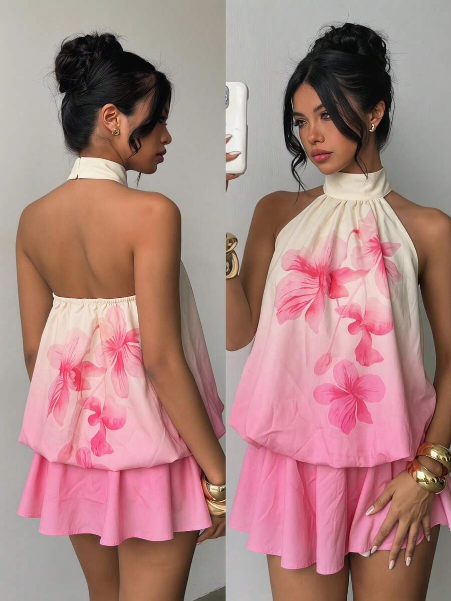 Tween Girl Floral Print Ruffle Hem Halter Romper - Multicolor - View 1