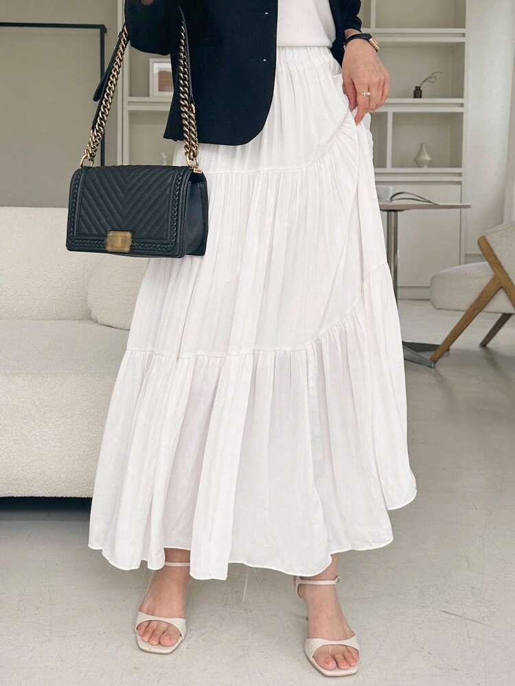 Women's Solid Color Pleated Elastic Waist Skirt