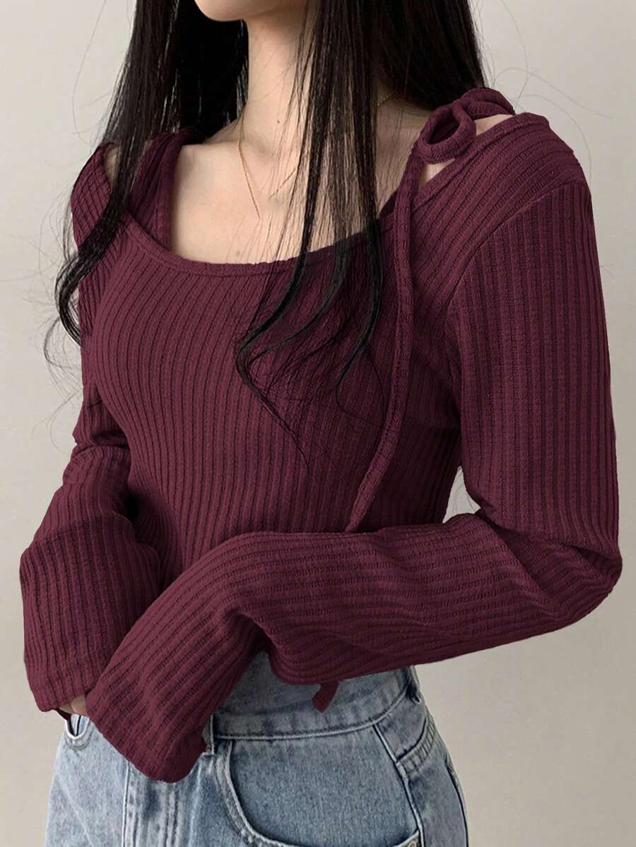 DAZY Women's Scoop Neck Twist Rib-Knit Long Sleeve 2 In 1 T-Shirt,Fall Clothes - Burgundy - View 1