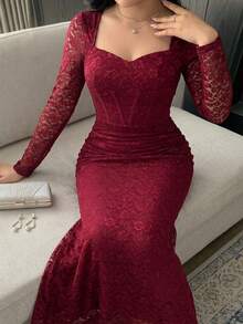 Feyla Vestido elegante de manga larga, cuello de corazón y ajustado para mujer de talla grande - Burdeos - Ver 6