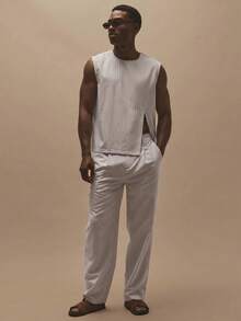Musero Pantalones rectos con cintura con botones y presillas para el cinturón, esenciales de primavera/verano - Gris Claro - Ver 1