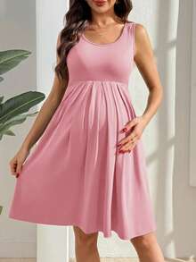 SHEIN 孕婦純色圓領無袖休閒洋裝 - 粉色 - 查看 4