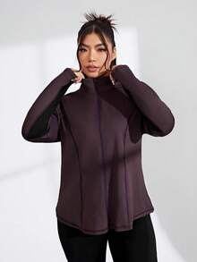 SHEIN Rhythm Era 大码极简主义明线拉链前开拇指孔运动夹克 - 咖啡棕 - 查看 4