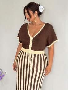 Firerie Plus Size Deep V-Neck Contrast Stripe Print Short Sleeve Sweater Dress, Summer Fall - Coffee Brown - View 8