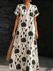 EMERY ROSE Đầm maxi ngắn tay cổ chữ V in họa tiết hoa sen trắng đen dành cho nữ, kiểu dáng rộng rãi thoải mái, thích hợp cho kỳ nghỉ hè ở bãi biển. - Nhiều màu - Xem 4
