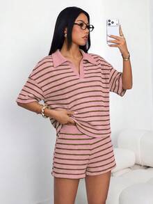 PETITE Conjunto de 2 piezas para mujer con camiseta de manga larga de hombros caídos y cuello en V a rayas holgada y pantalones a rayas con cintura elástica, conjunto de suéter de invierno, conjunto de salón a rayas de otoño/invierno de 2 piezas para mujer, conjunto casual de 2 piezas a rayas, conjunto cómodo de 2 piezas - Rosa - Ver 5