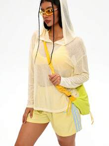 WanderVale Áo hoodie dệt kim xuyên thấu vai rớt dành cho nữ - Màu vàng - Xem 7