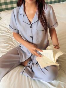 Napfluff Women's Casual Comfortable Short Sleeve Pants Solid Color Cardigan Pajama Set, Spring/Summer - Grey - View 7