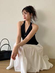 DAZY Áo khoác dệt kim không tay, màu trơn, ôm sát, cổ chữ V sâu, gợi cảm, thích hợp cho kỳ nghỉ, dành cho nữ. - màu đen - Xem 5