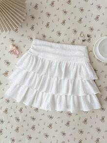 SHEIN Chân váy bánh kem nhún xếp ly dệt jacquard màu trắng cho thiếu nữ - trắng - Xem 2