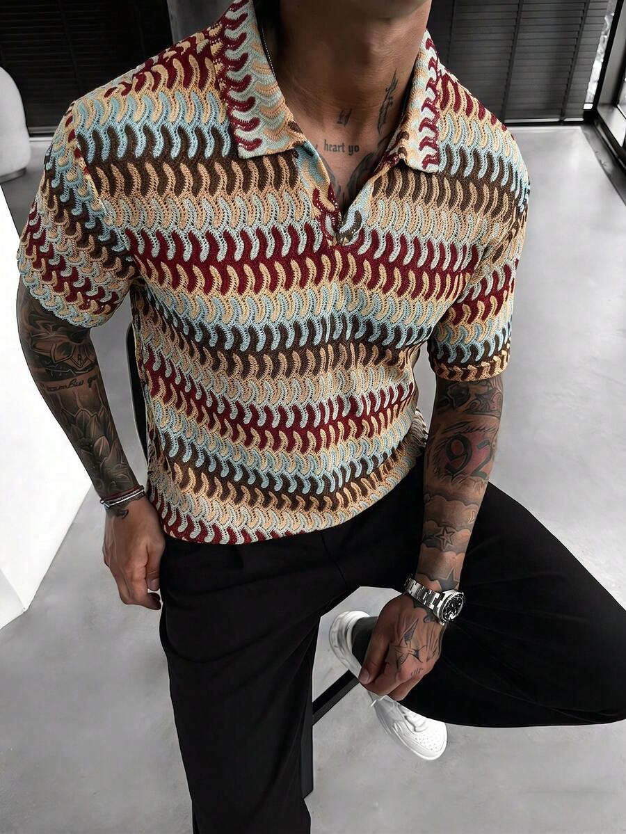SLATEMANN 男士夏季休闲度假风V领短袖透气网眼上衣 - 彩色 - 查看 1