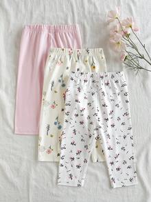 SHEIN Vintaside Kids 3件套女婴百搭休闲多功能彩色碎花波点打底裤/长裤/紧身裤/婴儿裤套装/女童打底裤，适合春、夏、秋、冬四季穿着 - 彩色 - 查看 2