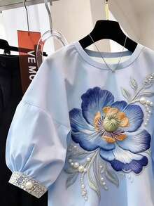 Franclia Loose Casual Printed Shirt With Design Elements - Blue - View 4
