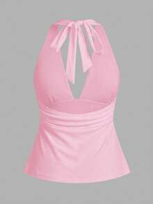 SHEIN ICON 95%纯棉深V领露背系带A字吊带背心，粉色 - 粉色 - 查看 10