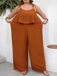 SHEIN CURVE+ Curve 尺码 US22 音乐节、海滨度假、波西米亚风女士休闲度假纹理纯色连体裤 - 藕粉色 - 查看 4
