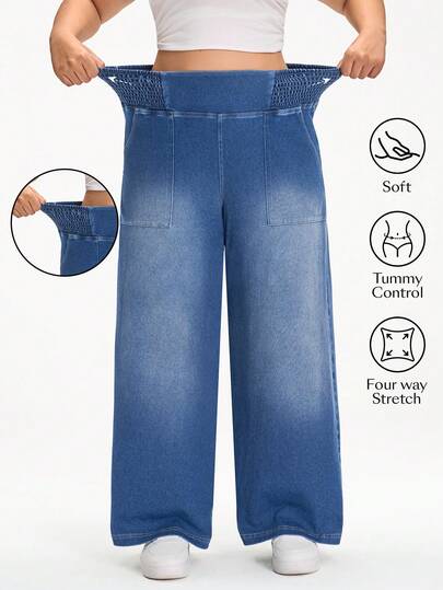 Flexra Quần jeans ống rộng cạp chun co giãn, dáng suông, đa năng dành cho nữ, thích hợp mặc hàng ngày đi làm.