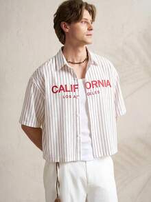 Airaco Men's Summer Letter Print Striped Shirt - White - View 6