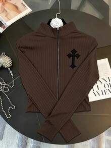 Resyla Solid Color Zip-Up Long Sleeve Top And Drawstring Waist Long Pants Casual Suit - Brown - View 3