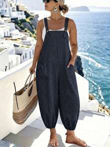 EMERY ROSE Plus Size Women's Elegant Striped Pocket Jumpsuit, Casual Commuter Style, Spring/Summer - Navy Blue - View 1