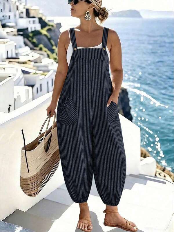 Linhara CURVE Plus Size Women's Elegant Striped Pocket Jumpsuit, Casual Commuter Style, Spring/Summer