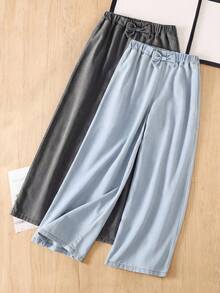 SHEIN 2pcs Tween GirlsJeans Set, Front Waist Bow Decor Design, Sweet & Minimalist, Casual Versatile, Elastic Waist Straight Leg Pants, Soft Cotton Blend Light Blue + Grey Washed Denim Fabric, Suitable For Daily Wear & Vacation - Multicolor - View 1
