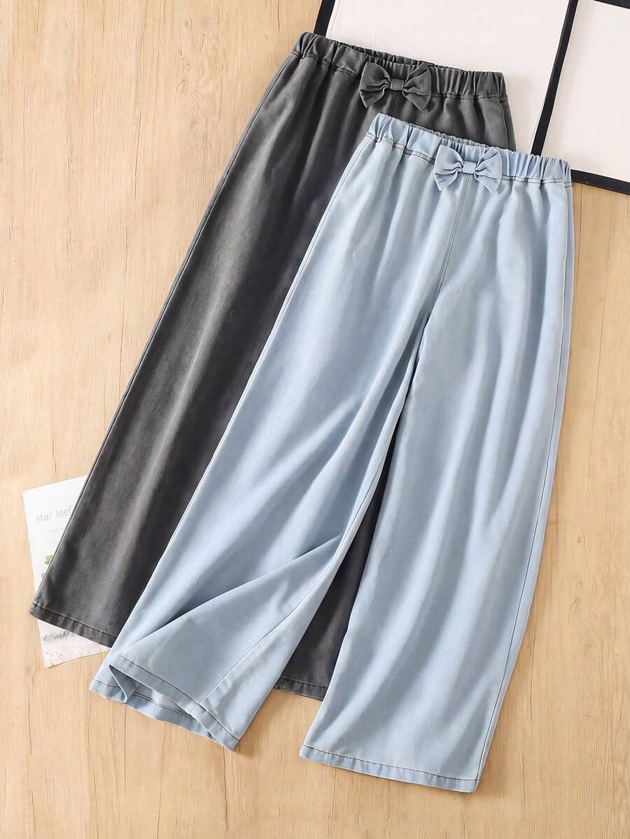 SHEIN 2pcs Tween GirlsJeans Set, Front Waist Bow Decor Design, Sweet & Minimalist, Casual Versatile, Elastic Waist Straight Leg Pants, Soft Cotton Blend Light Blue + Grey Washed Denim Fabric, Suitable For Daily Wear & Vacation - Multicolor - View 1