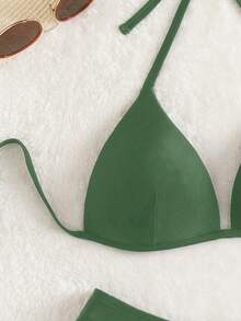 Swim Basics 女款夏季海灘素色掛脖綁帶性感比基尼與三角泳褲泳裝套裝 - 軍綠色 - 查看 3