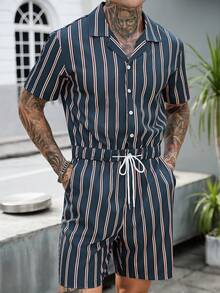Manfinity Homme Men's Striped Printing Front Button Pocket Short Sleeve Jumpsuit - Multicolor - View 4