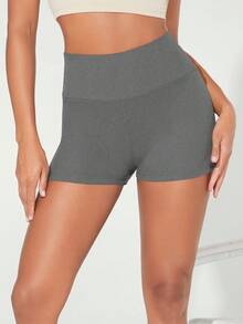 SHEIN BASICS Women's Solid Color High Waist Slim Fit Shorts - Grey - View 6
