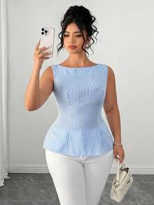 Elenzga Camisa de Moda Listrada sem Mangas Plus Size para Mulheres - Azul e Branco - Visão 6